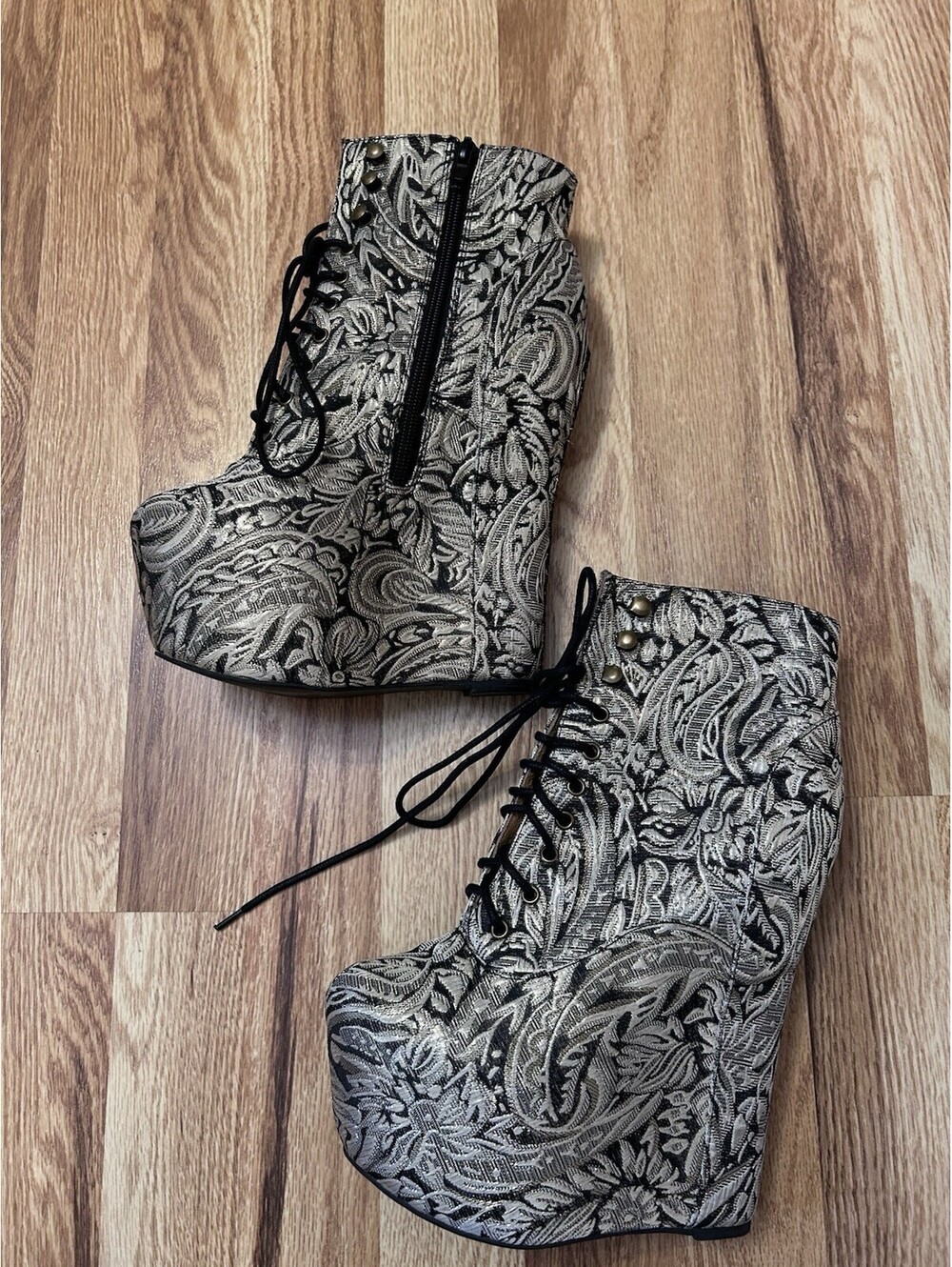 Jeffrey Campbell Silver Floral Damsel Platform Wedge Booties 7